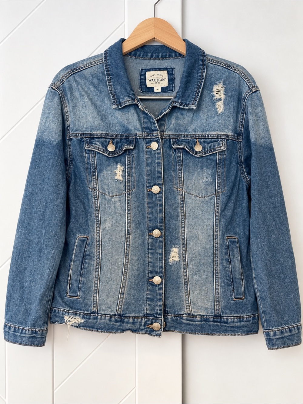 Wax Jean Distressed Denim Jacket Medium M Blue